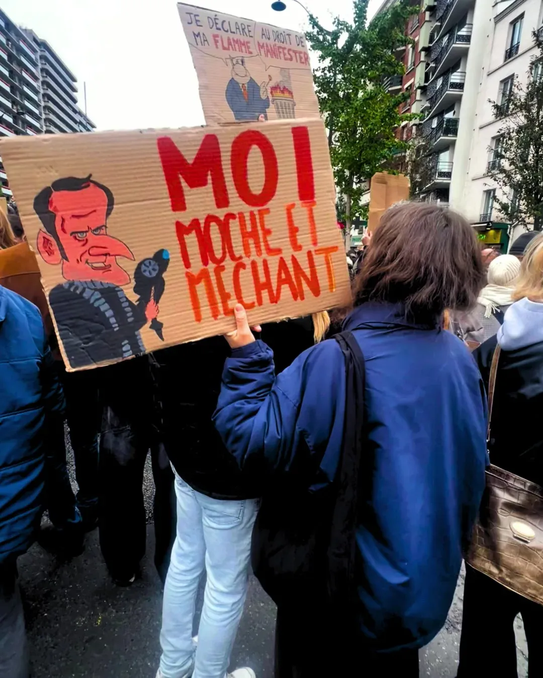 Une manifestante de dos brandit une pancarte en carton « Moi, moche et méchant » avec une caricature d’Emmanuel Macron, un petit bonhomme dessiné au-dessus