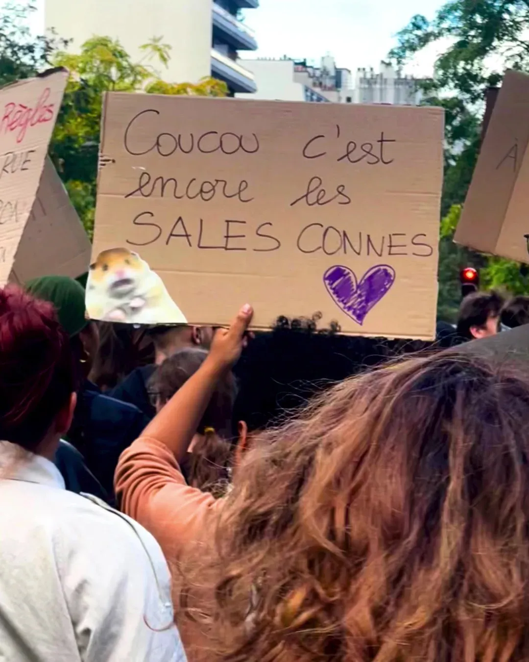Une manifestante aux cheveux bouclés brandit une pancarte en carton « Coucou c’est encore les sales connes » avec un cœur violet