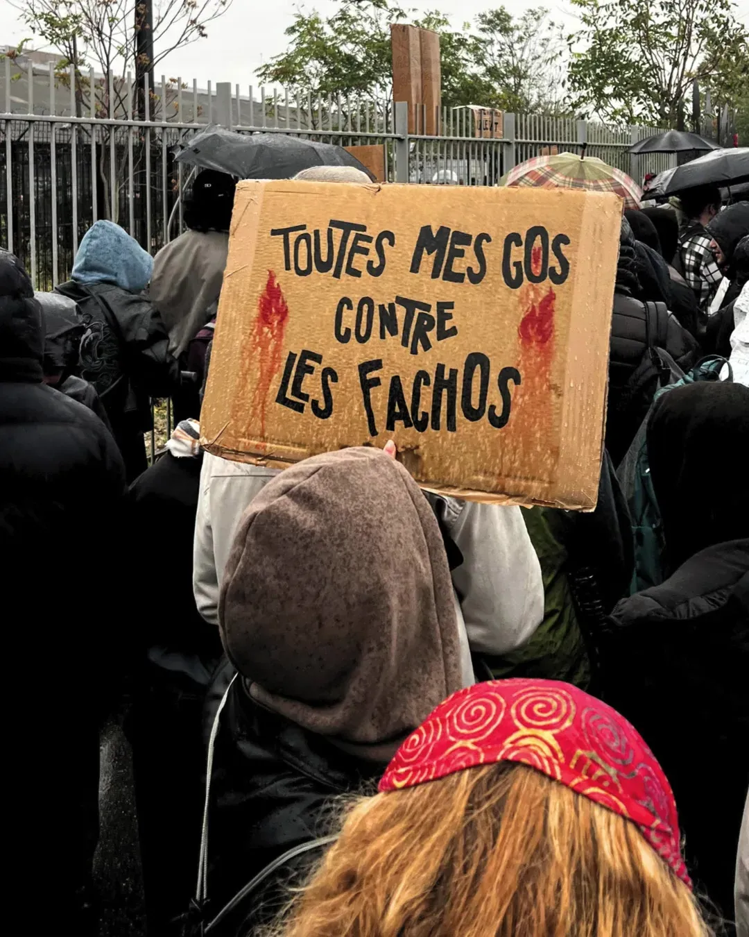 Vue de dos sur une foule compacte sous la pluie, une pancarte en carton « Toutes mes gos contre les fachos » avec des flammes dessinées