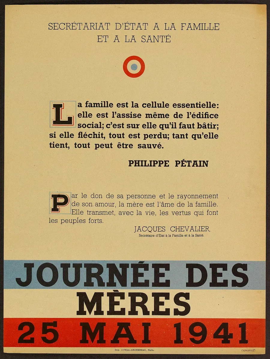 Affiche officielle du Secrétariat d’État à la Famille et à la Santé annonçant la Journée des mères du 25 mai 1941, avec une citation de Philippe Pétain