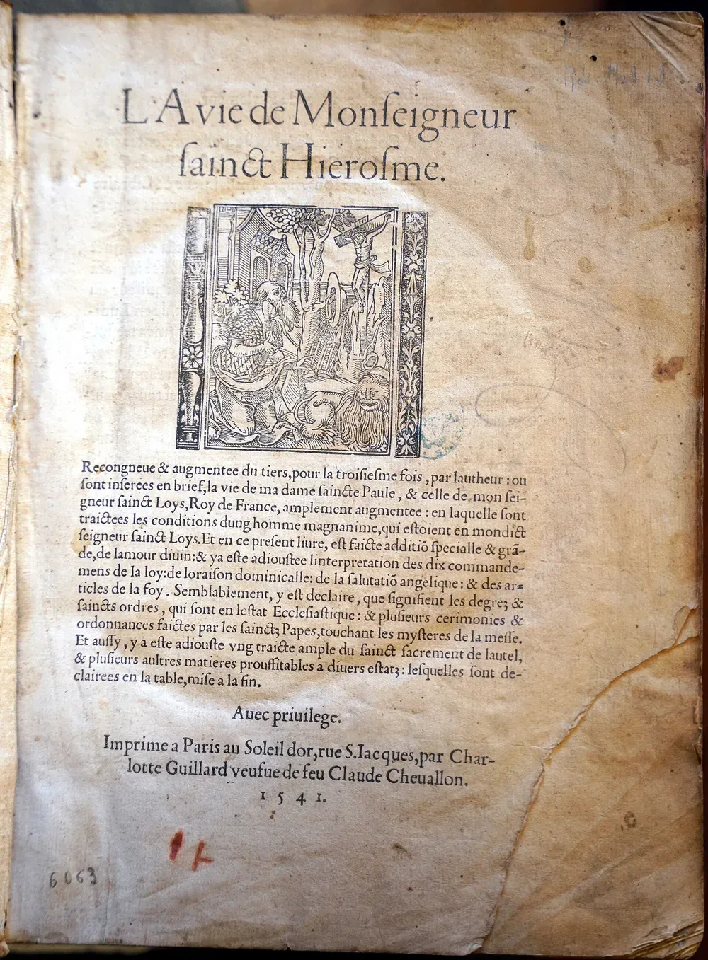 Page de titre imprimée en 1541 du livre La Vie de Monseigneur sainct Hierosme, avec une gravure sur bois et la mention « Imprimé à Paris au Soleil d’Or, rue S. Jacques, par Charlotte Guillard »