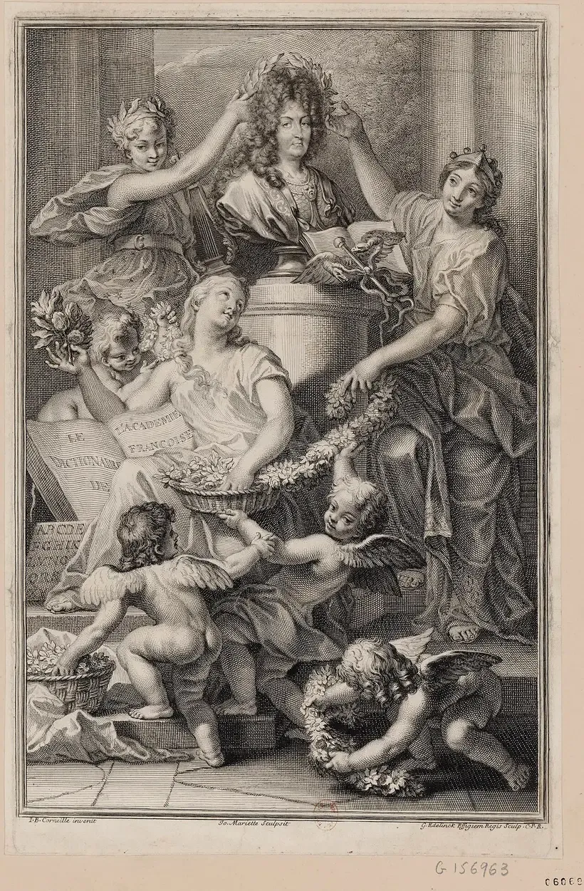 Gravure de 1694 représentant un buste de Louis XIV couronné de lauriers, entouré de figures allégoriques féminines dont l’une tient la page de titre du Dictionnaire de l’Académie françoise