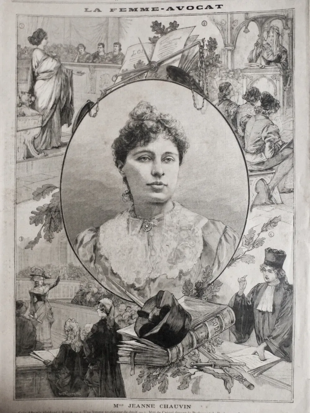 Page illustrée de journal ancien titrée « La femme-avocat », avec le portrait en médaillon de Jeanne Chauvin entouré de six scènes de tribunal