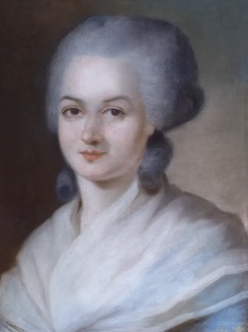 Portrait peint d’Olympe de Gouges de trois quarts, perruque poudrée et fichu blanc, attribué à Alexander Kucharsky