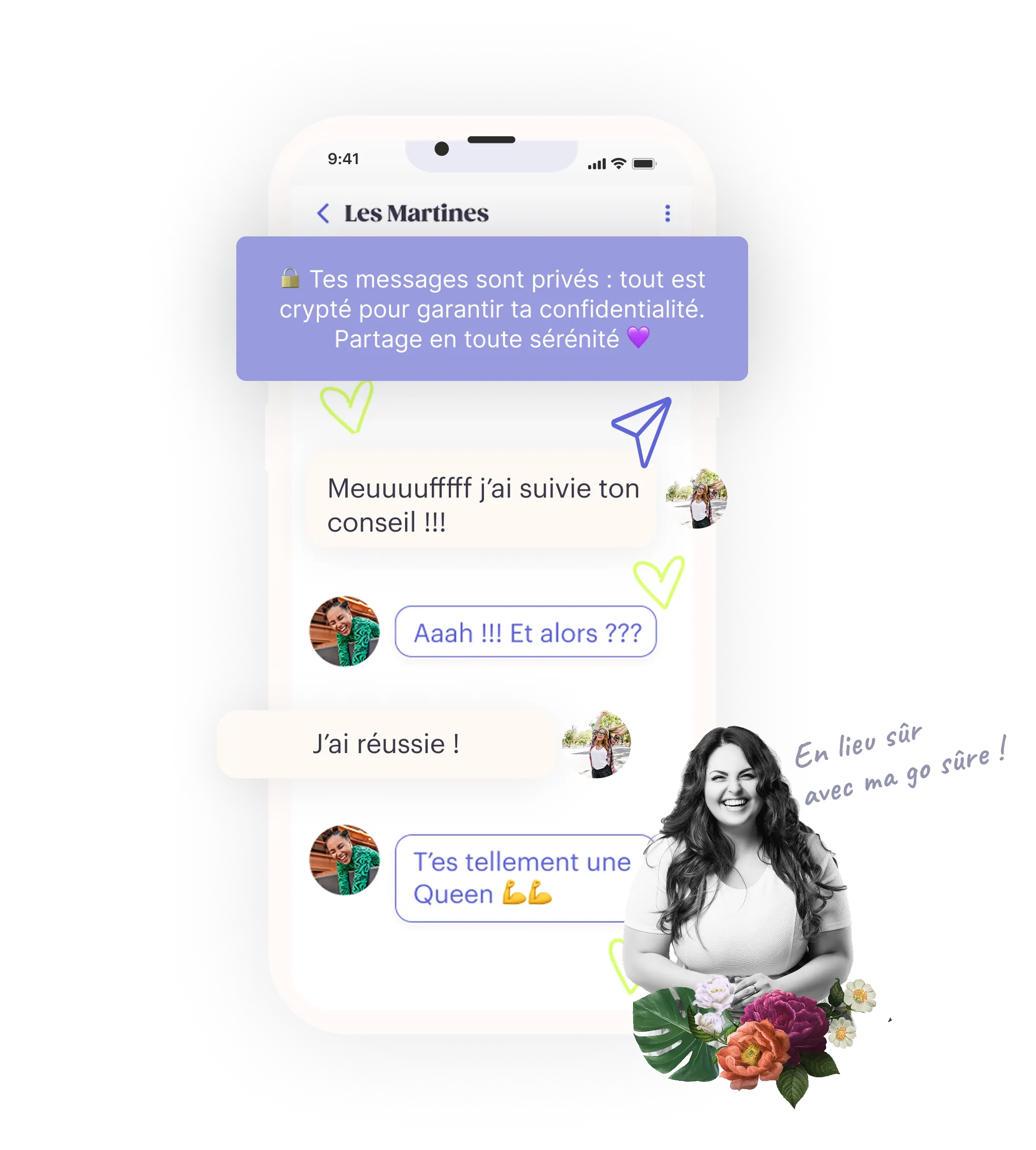 Téléphone affichant des conversations entre Martines, avec une bannière rassurant sur la confidentialité et la sécurité des messages