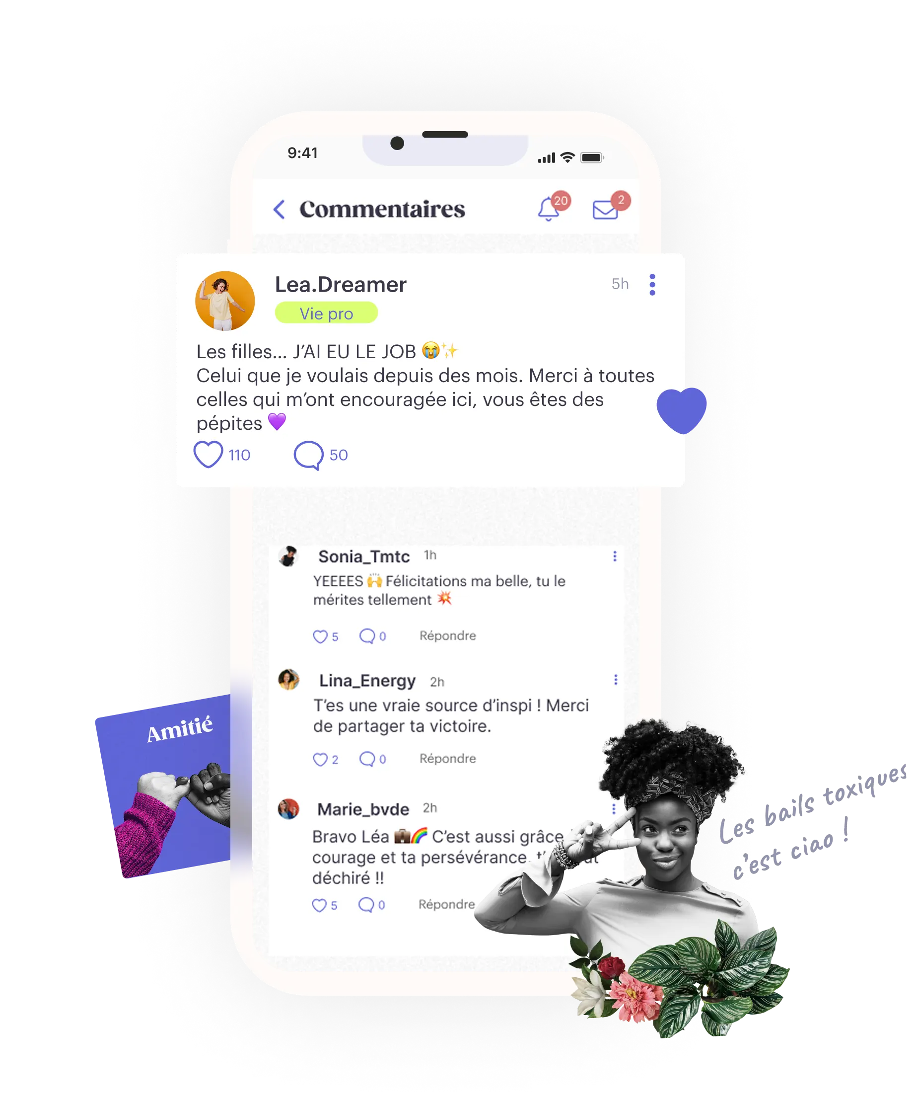 Téléphone affichant des échanges positifs entre Martines, une communauté pleine de good vibes
