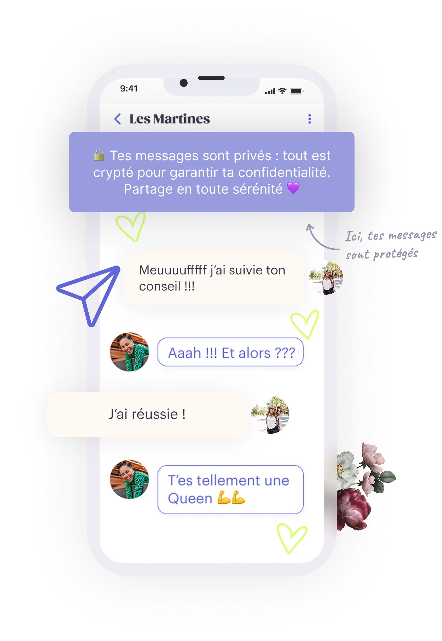 Téléphone affichant des conversations entre Martines, avec une bannière rassurant sur la confidentialité et la sécurité des messages