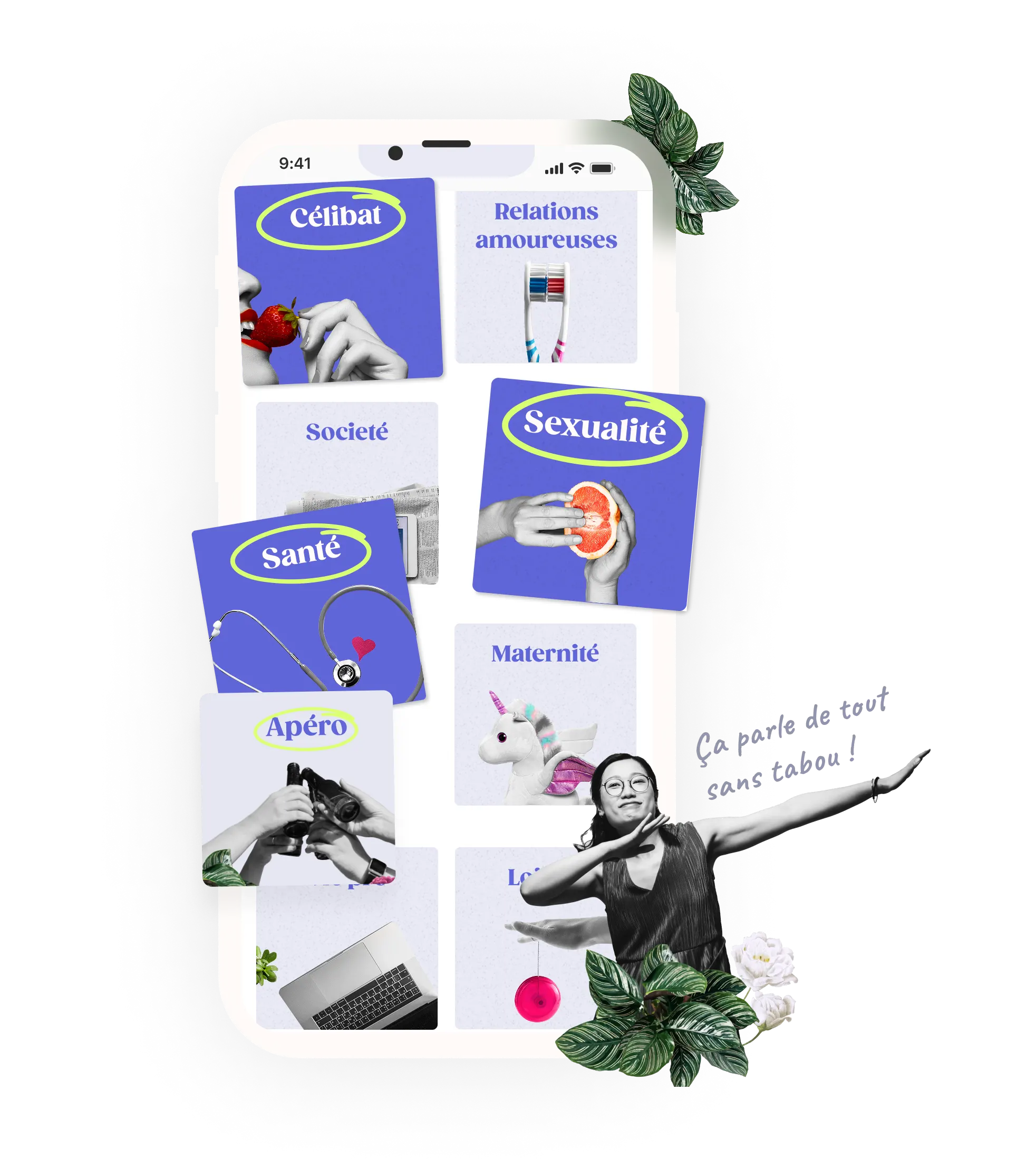 Téléphone affichant les différentes thématiques disponibles dans l'application des Martines.